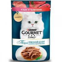 Gourmet 75г пауч Перл Мясной дуэт Влажный корм для взрослых кошек Язык и телятина