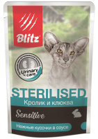 Blitz Sensitive Sterilised Влажный корм для взрослых стерилизованных кошек, Кролик и клюква в соусе