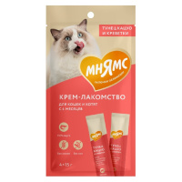 Мнямс 15г*4шт Крем лакомство для кошек с тунцом Кацуо и креветками