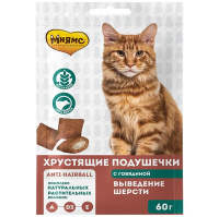Мнямс Выведение шерсти лакомство хрустящие подушечки для кошек с говядиной 