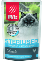 Blitz Classic Sterilised Влажный корм для взрослых стерилизованных кошек, Курица и брусника в желе
