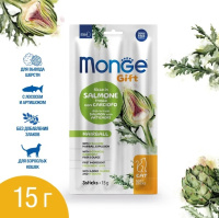 Monge Gift 15г Лакомство Мягкие палочки для кошек с лососем и артишоком для вывода шерсти