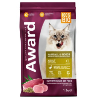 Award Hairball&Indoor Сухой корм для взрослых кошек для выведения шерсти, Утка и индейка