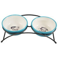 Mr.Kranch Миски на подставке для собак и кошек двойные fish&chips голубые, 2*290мл