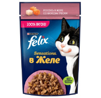 Felix Sensations Влажный корм для взрослых кошек, Лосось в желе с добавлением трески