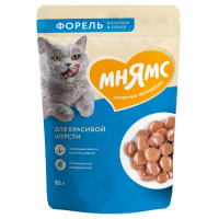 Мнямс Влажный корм для взрослых кошек, Кусочки в соусе с форелью для красивой шерсти