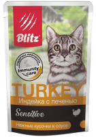 Blitz Sensitive Turkey Влажный корм для взрослых кошек, Индейка c печенью в соусе