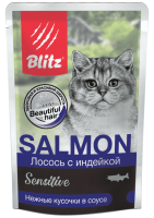 Blitz Sensitive Salmon Влажный корм для взрослых кошек, Лосось с индейкой в соусе