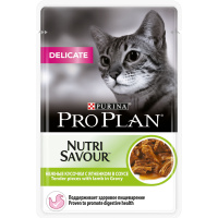 Pro Plan 85г пауч NutriSavour Delicate Влажный корм для взрослых кошек с чув&пищ Ягненок (соус)