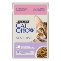 Cat Chow 85г пауч Sensitive Влажный корм для взрослых кошек с чув&пищеварением Лосось и кабачки