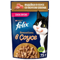 Felix Sensations Влажный корм для взрослых кошек, Индейка в соусе со вкусом бекона