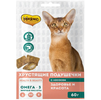 Мнямс Здоровье и красота лакомство хрустящие подушечки для кошек с лососем 