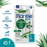 Monge Gift 45г Лакомство Мягкие палочки для собак со свежим лососем, алоэ вера и дрожжами для здоровой кожи