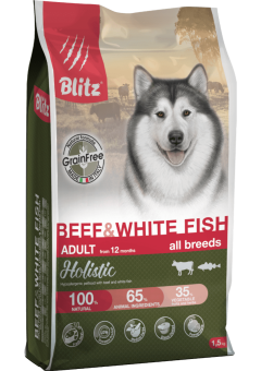 Blitz Holistic 500г Adult Beef&White fish Сухой беззерновой корм для взрослых собак Говядина и рыба