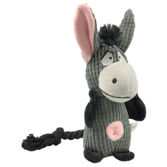 Mr.Kranch игрушка для собак Ослик плюш с канатиками, пищалкой и карманом под лаком 21 см сер